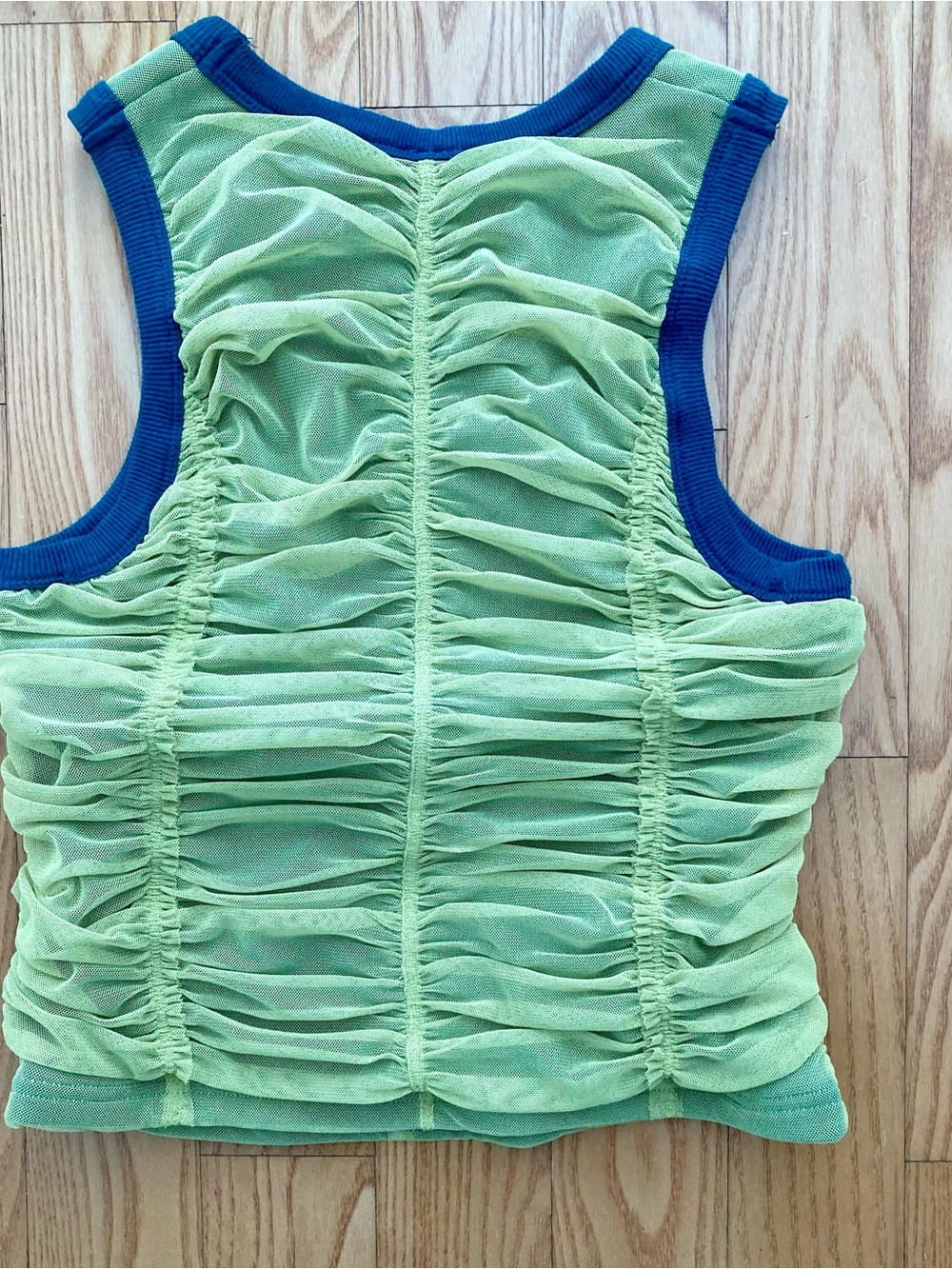 Green Ruched Mesh Tank with Blue Trim